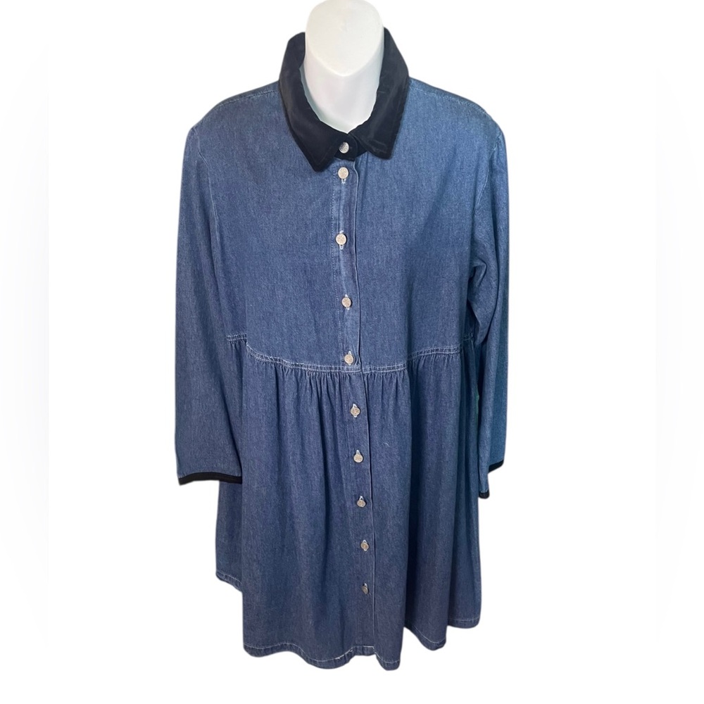 90s Vintage Long Sleeve Blue Denim Dress Black Velvet Grunge Collar Whimsigoth L